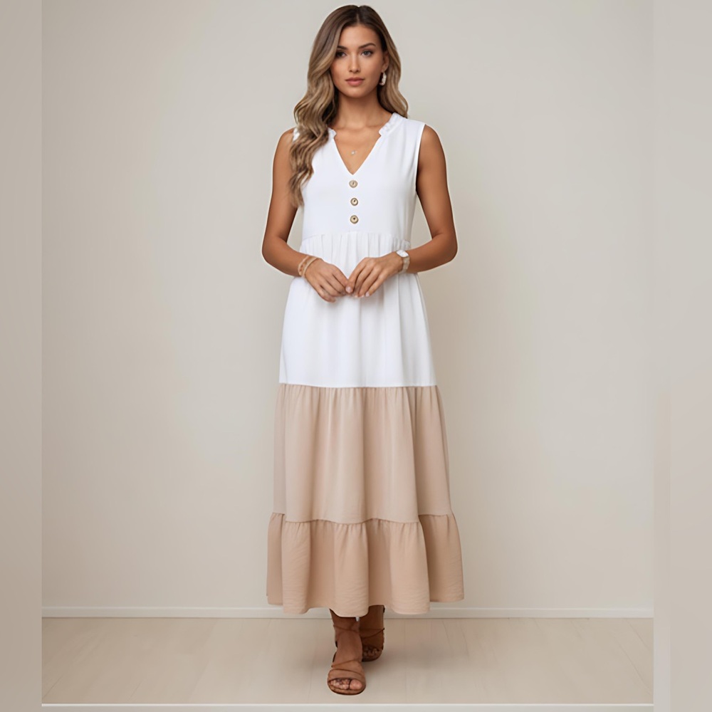 Color block Button Front Ruffle Hem Dress - Picture 4 of 6